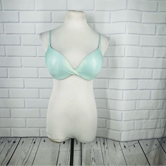 Victoria's Secret Mint Sparkle Plunge Push Up Bra - Size 34C - Picture 1 of 14
